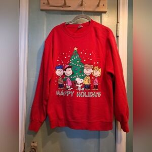 Red Holiday PEANUTS Sweatshirt with Cartoon Characters
